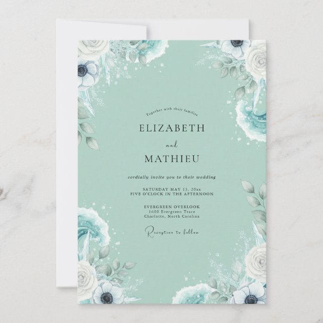 Minimalistisk Seafoam-Målade Ranunculus Bröllop Inbjudningar (Framsida)