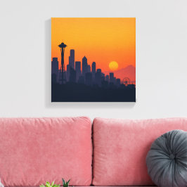 Minimalistisk Seattle Siluett vid Solnedgång Moder Canvastryck