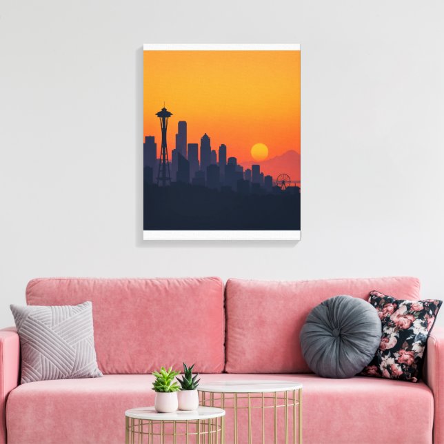 Minimalistisk Seattle Siluett vid Solnedgång Moder Canvastryck (Insitu (Vardagsrum))