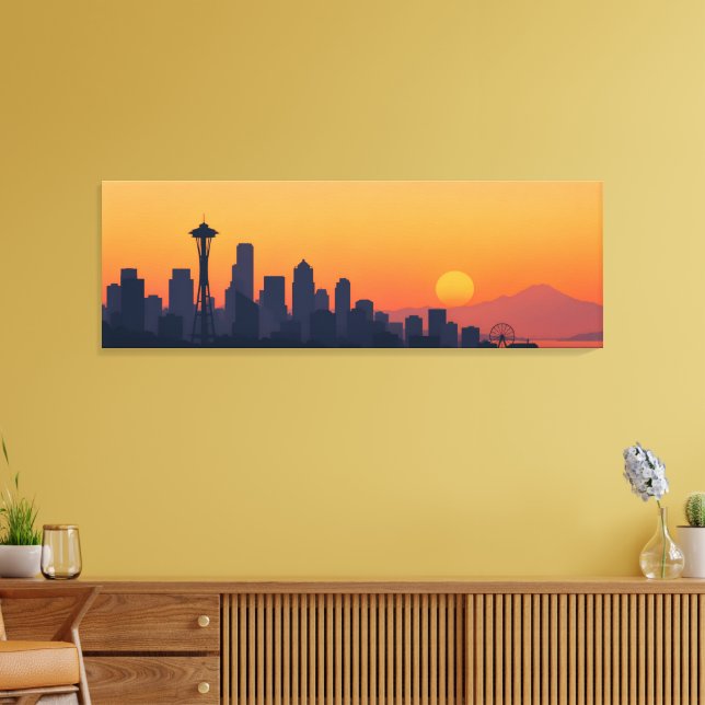 Minimalistisk Seattle Siluett vid Solnedgång Moder Canvastryck (Insitu (Vardagsrum))