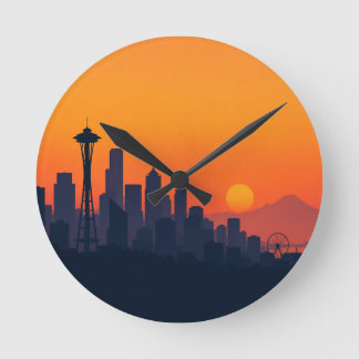 Minimalistisk Seattle Siluett vid Solnedgång Moder Rund Klocka