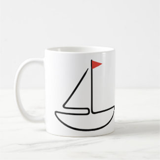 Minimalistisk segelbåt i en linje med röd flagga kaffemugg