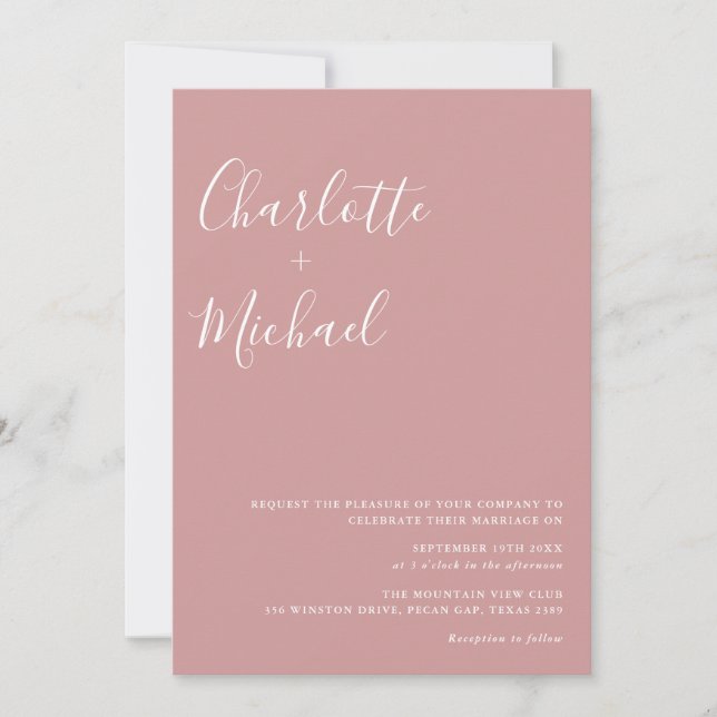 Minimalistisk signatur skrift dammig rosa bröllop inbjudningar (Framsida)