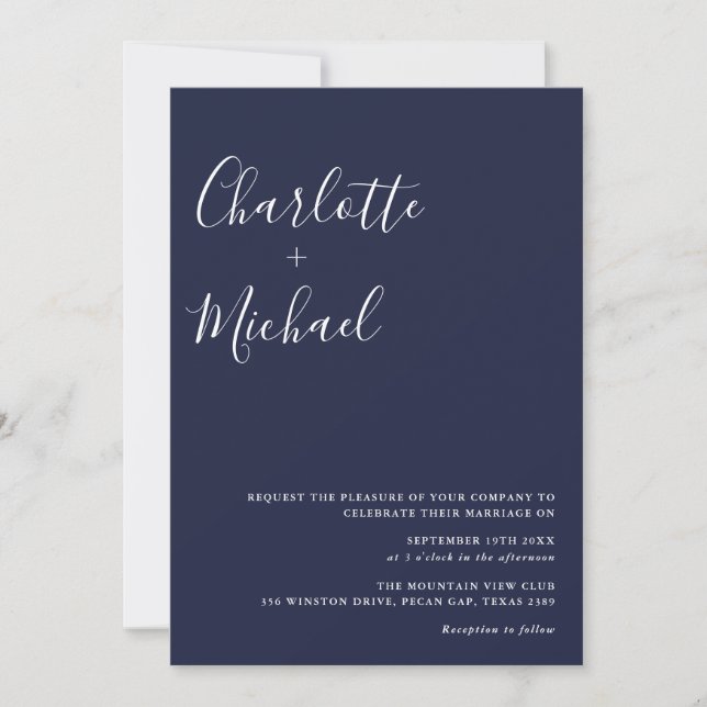 Minimalistisk signatur skript Navy Blue Bröllop Inbjudningar (Framsida)