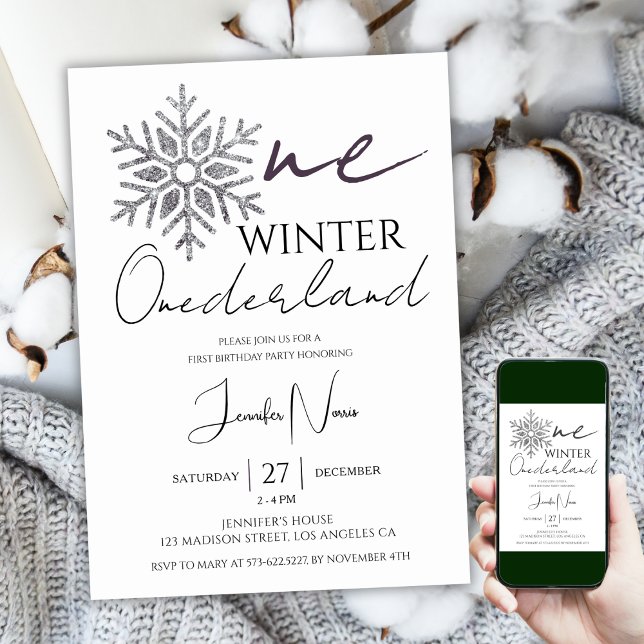 Minimalistisk Silver Winter ONEderland 1:a födelse Inbjudningar (Skapare uppladdad)