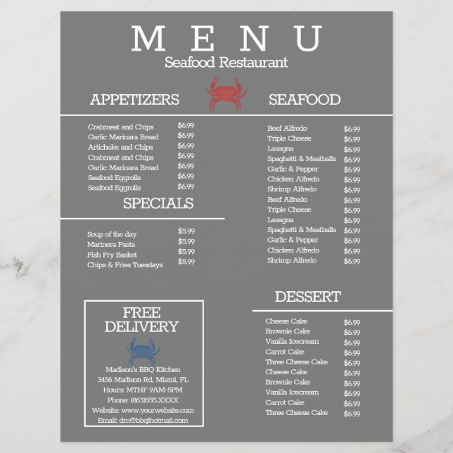 Minimalistisk Skaldjursgrill Restaurangmeny Grå Reklamblad (Framsidan)