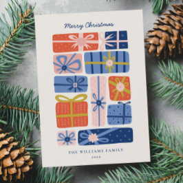 Minimalistisk skandinavisk med färgglada presenter julkort