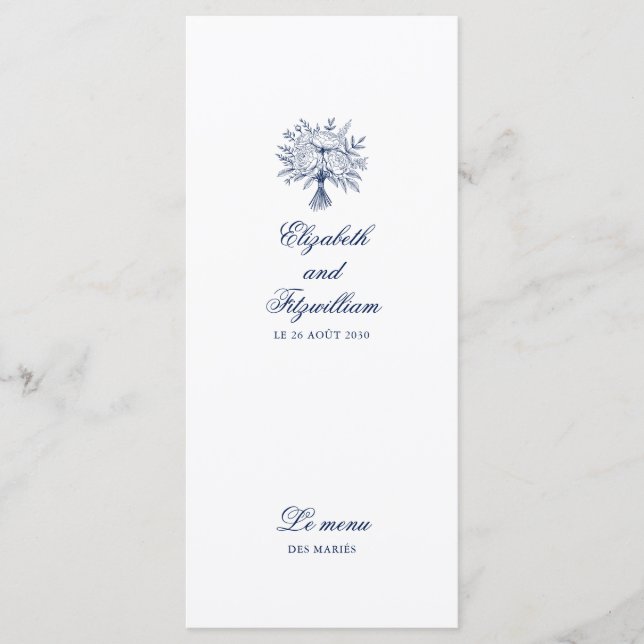 Minimalistisk sketchad Möhippa Bouquet Bröllop Meny (Framsida)