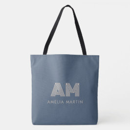 Minimalistisk skifferblå och sandbeige monogram tygkasse