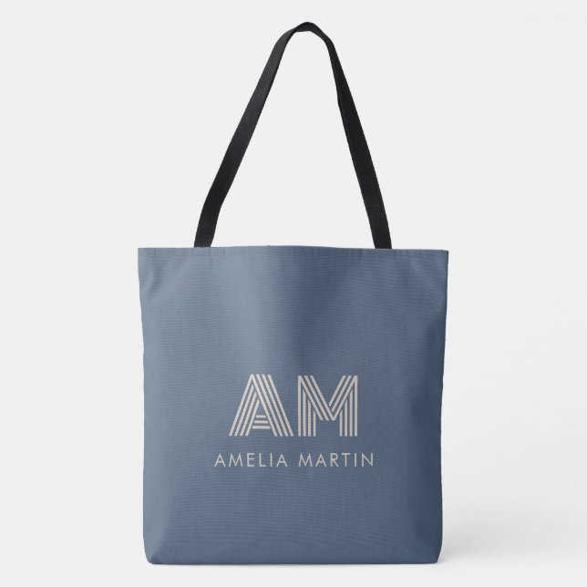 Minimalistisk skifferblå och sandbeige monogram tygkasse (Framsida)