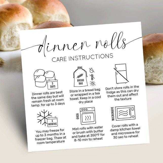 Minimalistisk skötselinstruktion för innerinnersli fyrkantigt visitkort (Minimalist sourdough dinner rolls care instructions cards with care icons, stylish calligraphy font)