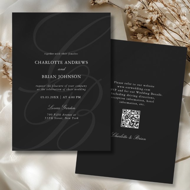 Minimalistisk skriftsnittsmonogram QR-kod Bröllop Inbjudningar (Minimalist Script Font Monogram QR Code Black White Gray Wedding Invitation)