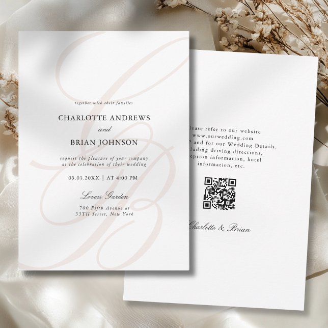 Minimalistisk skrifttyp Monogram QR-kod Bröllop Inbjudningar (Minimalist Script Font Monogram QR Code Wedding Invitation)