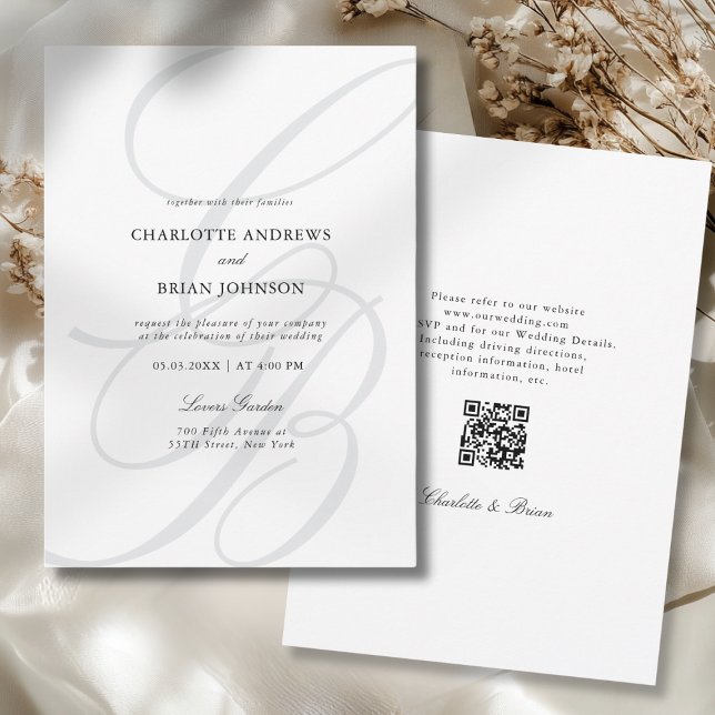 Minimalistisk skrifttyp Monogram QR-kod Bröllop Inbjudningar (Minimalist Script Font Monogram QR Code Wedding Invitation)