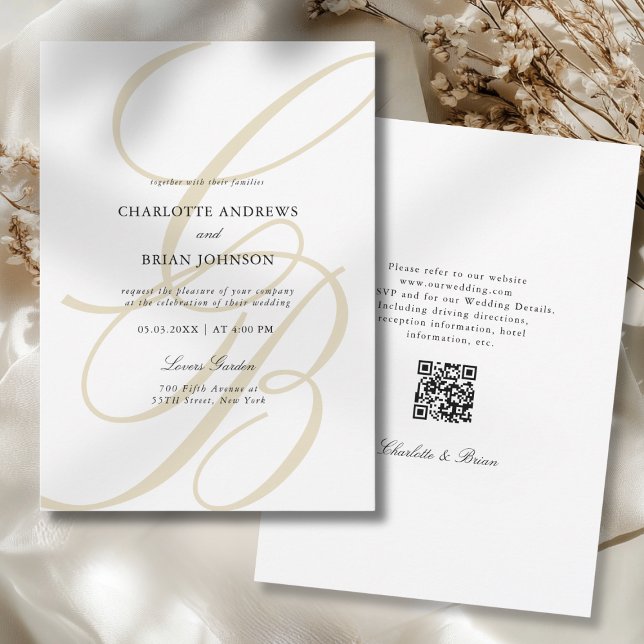 Minimalistisk skrifttyp Monogram QR-kod Bröllop Inbjudningar (Minimalist Script Font Monogram QR Code Wedding Invitation)