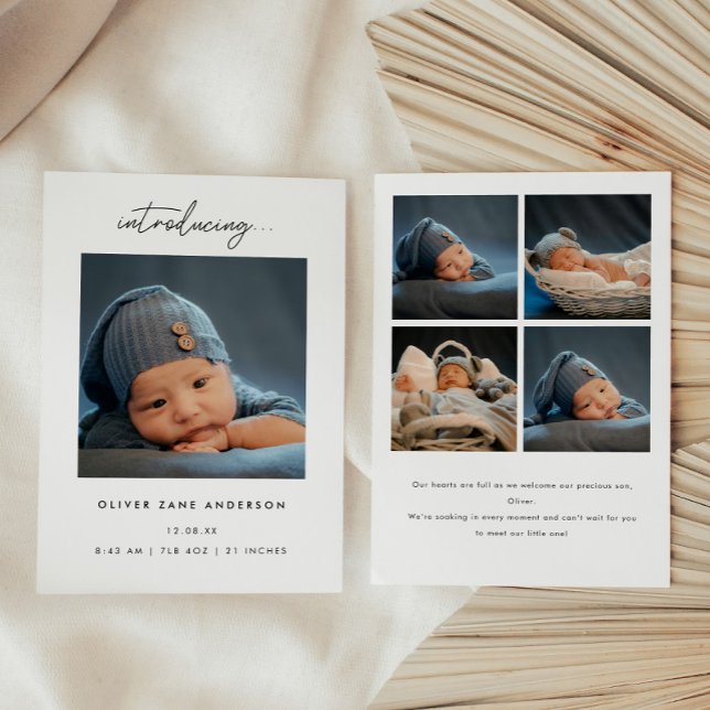 Minimalistisk Skript 5-Foto Collage Baby Födelse Meddelande (Skapare uppladdad)
