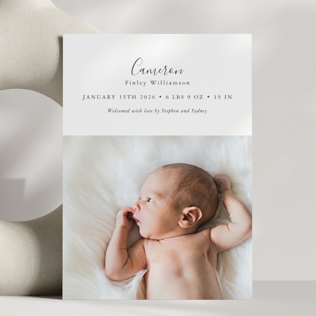 Minimalistisk skript barnnamn foto födelset statis meddelande (Skapare uppladdad)