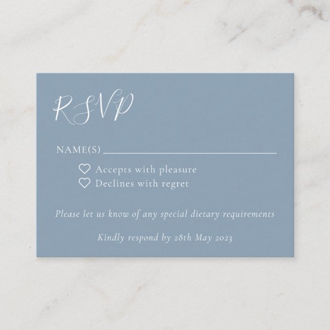 Minimalistisk skript Boho dammig blå bröllops-RSVP Tilläggskort (Framsida)