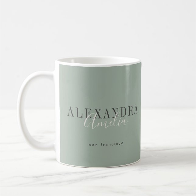 Minimalistisk skript Boho Sage Grön Anpassad Föret Kaffemugg (Vänster)