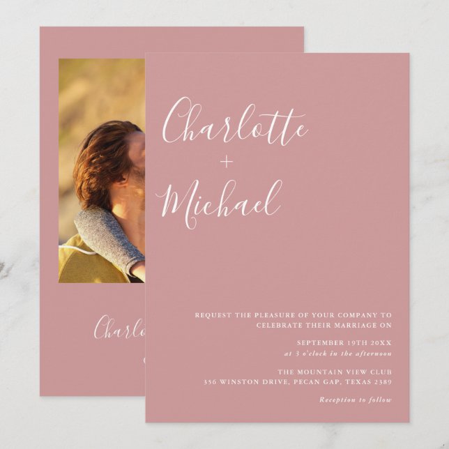 Minimalistisk skript Dusty Ro Photo Bröllop Inbjudningar (Fram/baksida)