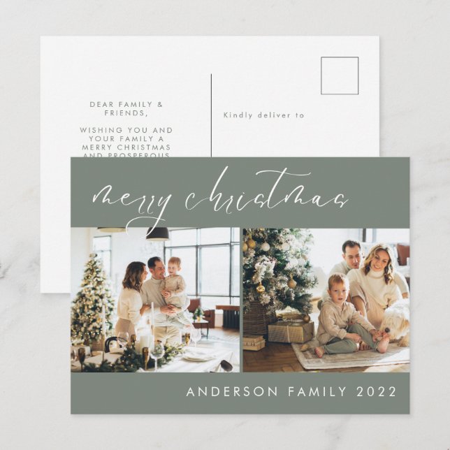 Minimalistisk skript, Jul Hälsning | GRÖNT Vykort (Fram/baksida)