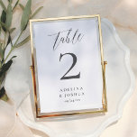 Minimalistisk Skript Kalligrafi Elegant Bröllop Bordsnummer<br><div class="desc">Ett bordskort som matchar vår svart-vita fotobrutalbum-kollektion för bröllop. Denna design har klassisk serif-typografi, elegant skrivstil och en modern layout. Överst står "table" skrivet med kalligrafi. Nedanför finns era namn och detaljer i klassisk serif. Observera att detta kort säljs individuellt. Redigera numret för varje bord ni kommer att ha på...</div>