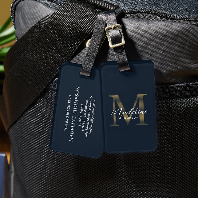 Minimalistisk Skript Marinblå Metallisk Guld Monog Bagagebricka (Skapare uppladdad)