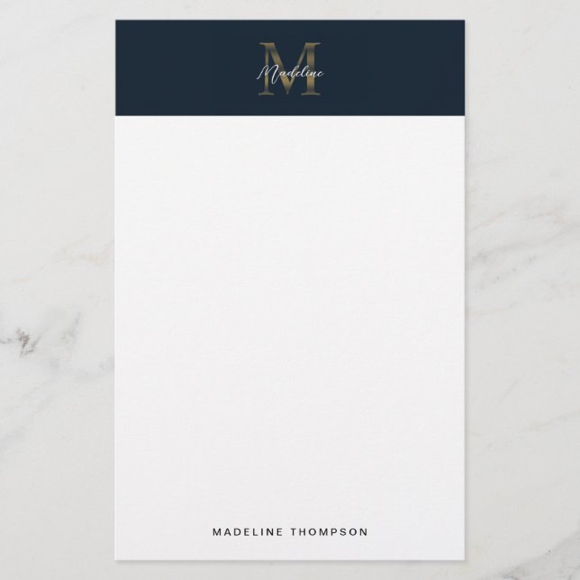 Minimalistisk skript Metallisk marinblå Guld Monog Brevpapper (Framsida)