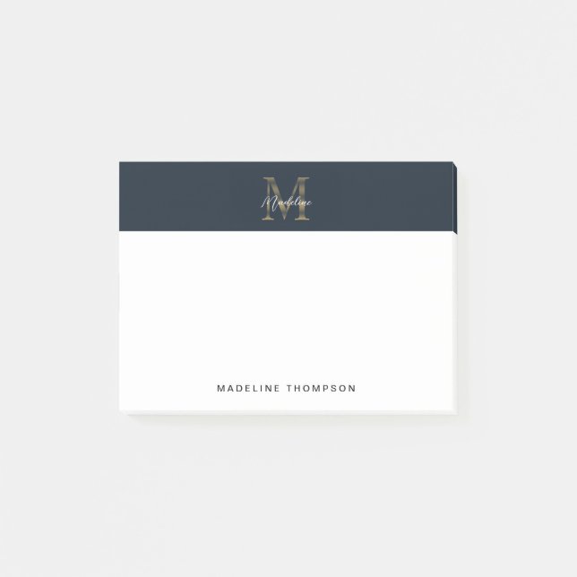 Minimalistisk Skript Metallisk Marinblå Guldmonogr Post-it Block (Framsida)