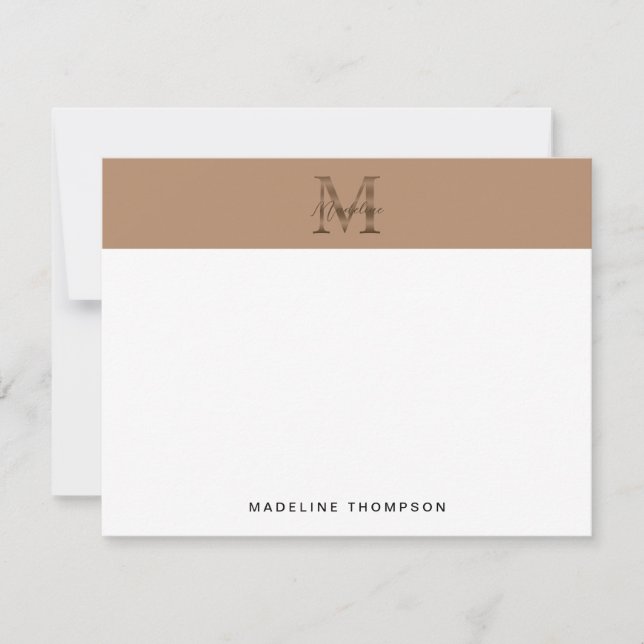 Minimalistisk Skript Metallisk Taupe Guld Monogram Anteckningskort (Framsida)
