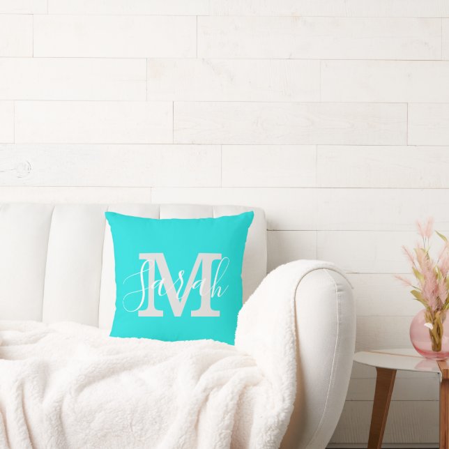 Minimalistisk skript Monogram Namn Bright Teal Kudde (Soffa)