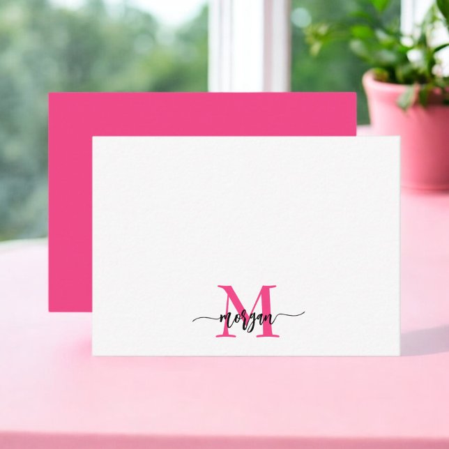 Minimalistisk skript Monogram Namn Shock rosa Anteckningskort (Skapare uppladdad)