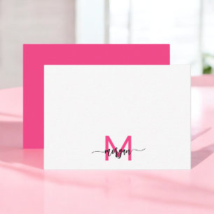 Minimalistisk skript Monogram Namn Shock rosa Anteckningskort