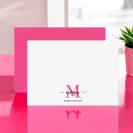 Minimalistisk skript Monogram Namn Shock rosa Anteckningskort