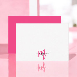 Minimalistisk skript Monogram Namn Shock rosa Anteckningskort
