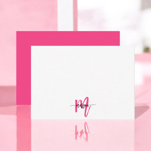 Minimalistisk skript Monogram Namn Shock rosa Anteckningskort