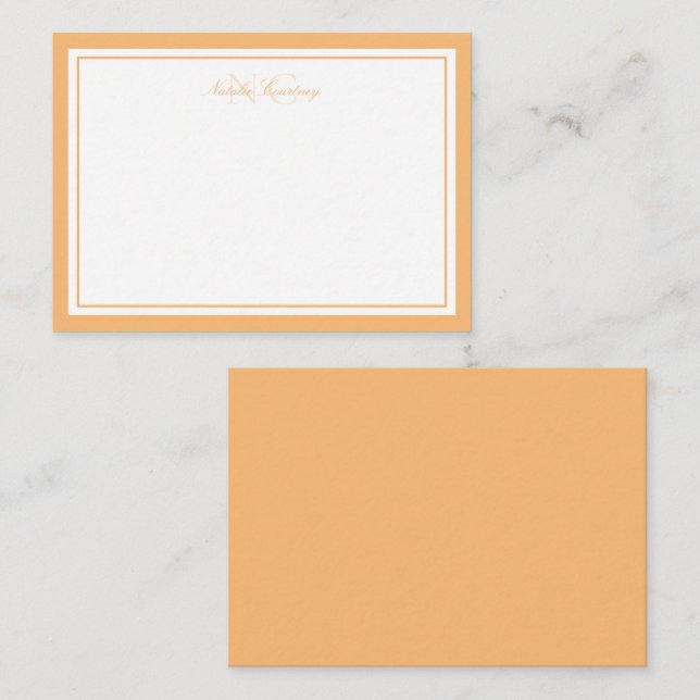Minimalistisk skript orange två ram monogram anteckningskort (Fram/baksida)