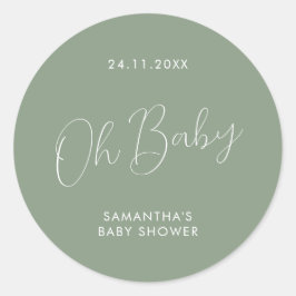 Minimalistisk Skript Sage Grön Oh Baby Shower Runt Klistermärke