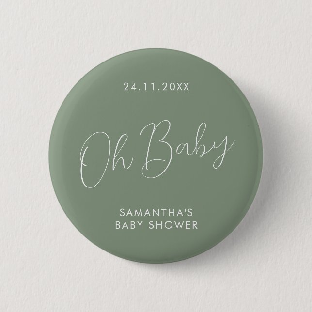Minimalistisk Skript Salvia Grön Bebis Shower eleg Knapp (Framsida)