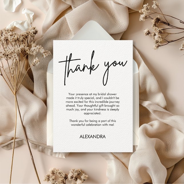 Minimalistisk skript typografi bröllopsdusch svart tack kort (minimalist bridal shower thank you card)