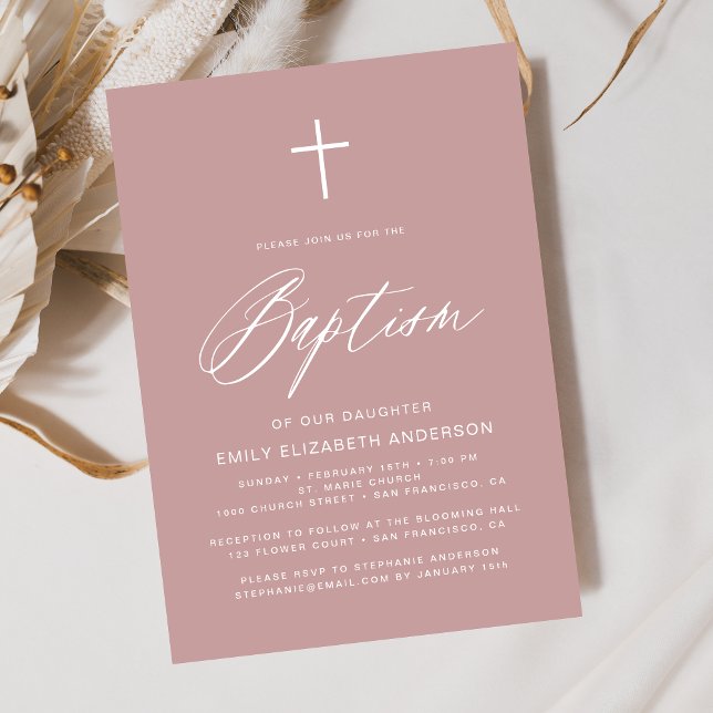 Minimalistisk skriptdofty Rosa - enkel baptism Inbjudningar (Skapare uppladdad)