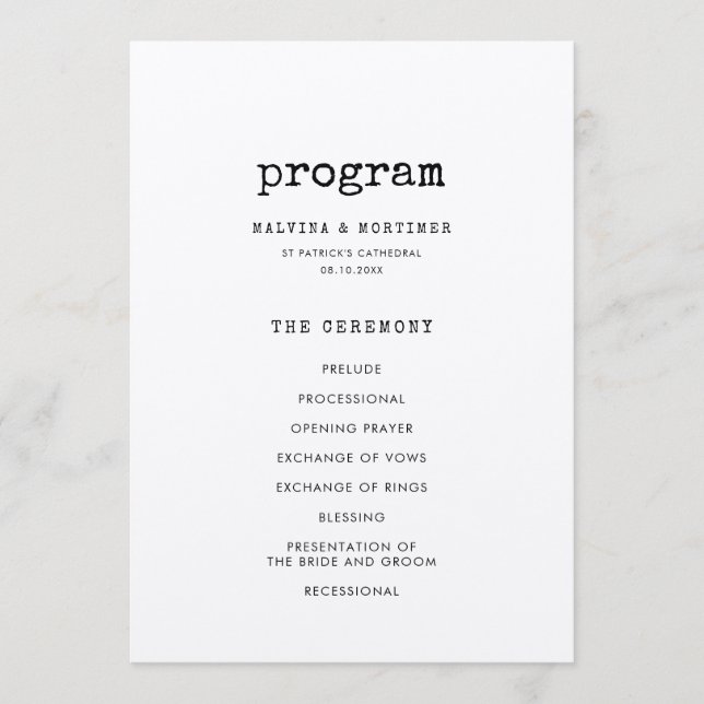 Minimalistisk skrivmaskin dubbelsidig bröllop program (Framsida)