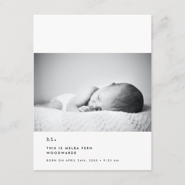 Minimalistisk skrivmaskin Hej ny bebis foto Vykort (Framsida)