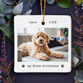 Minimalistisk skrivmaskin-Hund första julfoto Julgransprydnad Keramik