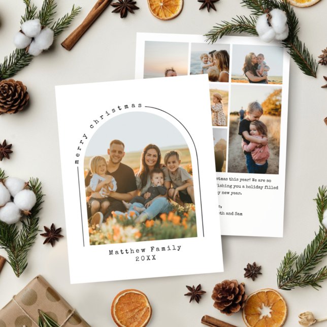 Minimalistisk skrivmaskin jul familjefoto båge julkort (Skapare uppladdad)