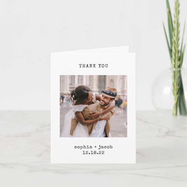 Minimalistisk skrivmaskin | Tre foton Bröllop Tack Kort (Framsida)