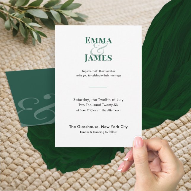 Minimalistisk smaragdgrön bröllopsinbjudan | QR-ko Inbjudningar (Emerald wedding invitation with minimalist typography and bold, refined modern style)