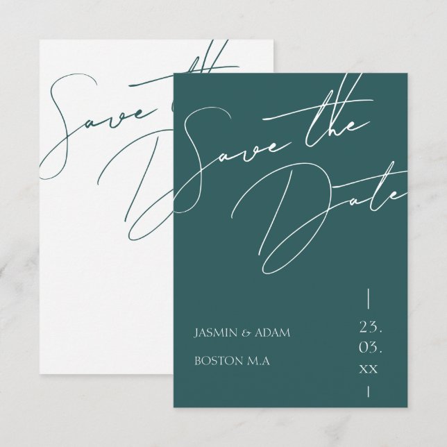 Minimalistisk smaragdgrön script-typografi bröllop spara datumet (Fram/baksida)