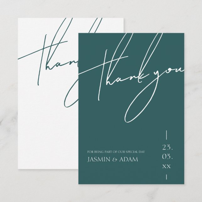 Minimalistisk smaragdgrön script typografi bröllop tack kort (Fram/baksida)
