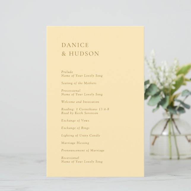 Minimalistisk smörgul modern bröllopsprogram (Stående Fram)